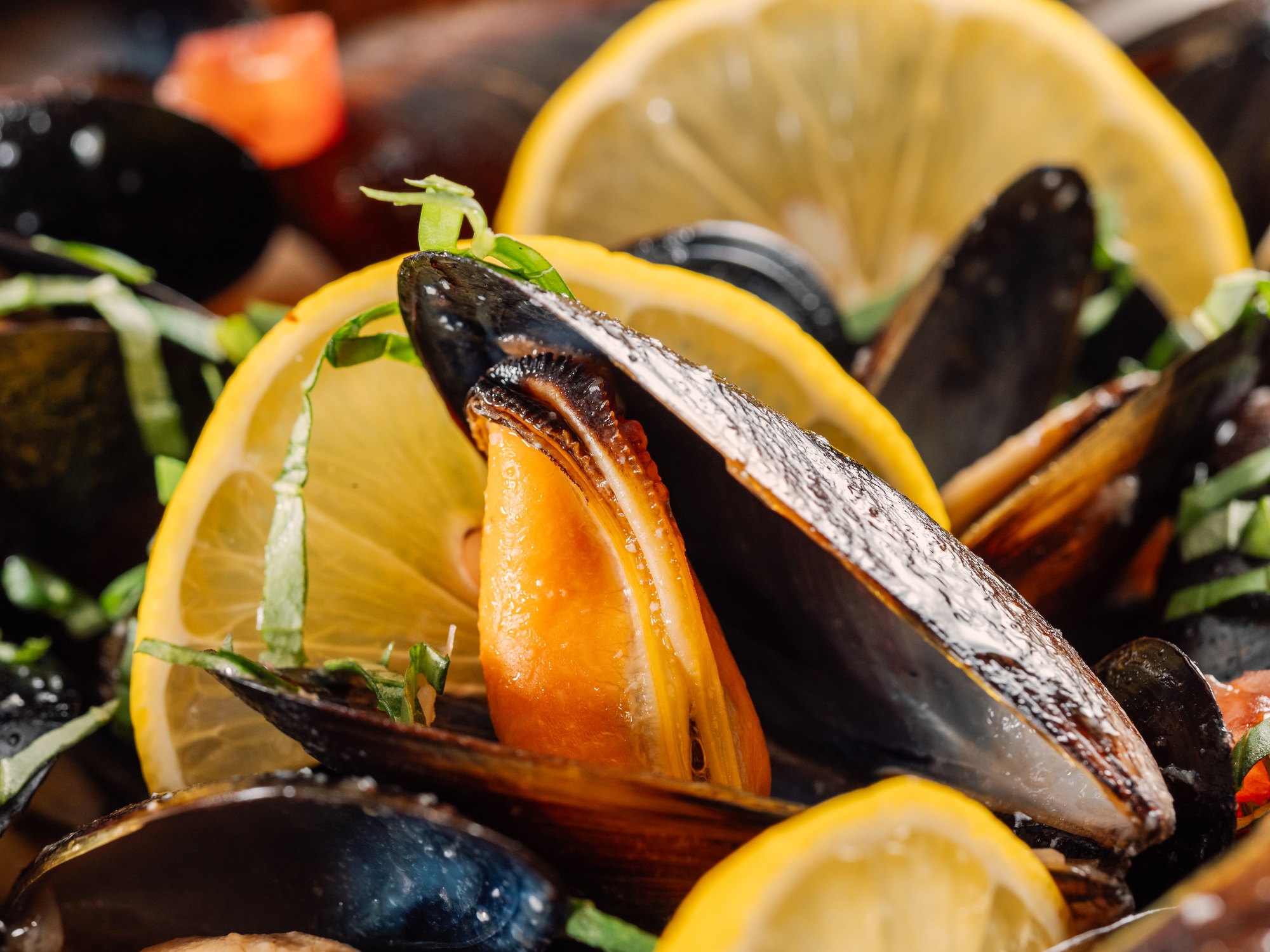 cooked mussels with lemon in white bowl