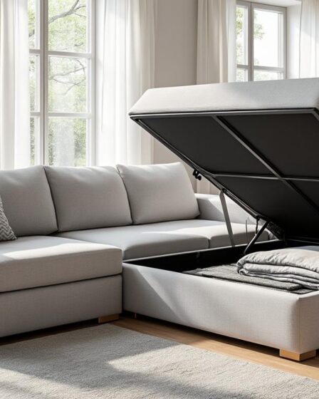 optimisez votre salon avec un canapé d'angle convertible équipé d'un coffre de rangement, alliant style, confort et fonctionnalité pour votre espace de vie.