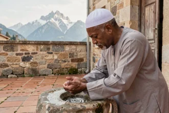 Homme effectuant les ablutions dans une cour de mosquée à Grenoble avec les montagnes en arrière-plan