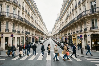Avenue hausmannienne d'une grande ville française avec piétons traversant un passage clouté, illustrant la densité urbaine