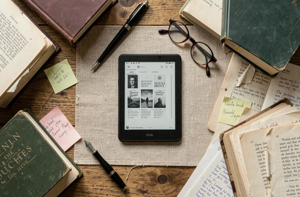 Vue aérienne d'un bureau avec liseuse numérique entourée de livres physiques annotés et accessoires de lecture