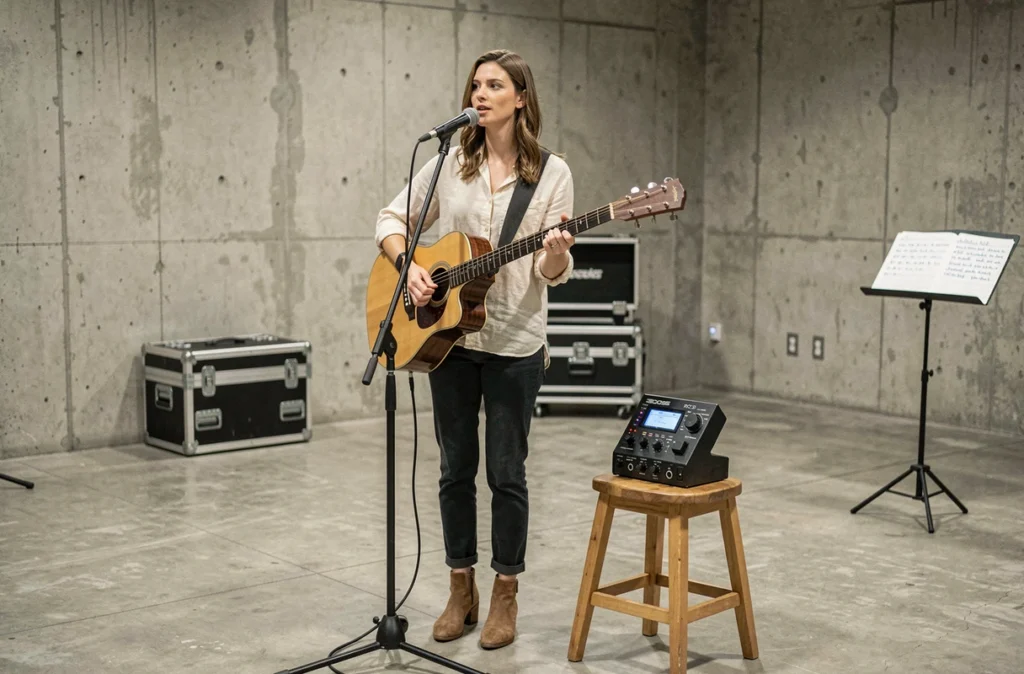 Chanteuse utilisant une BOSS RC-30 Loop Station lors d'une répétition avec guitare acoustique