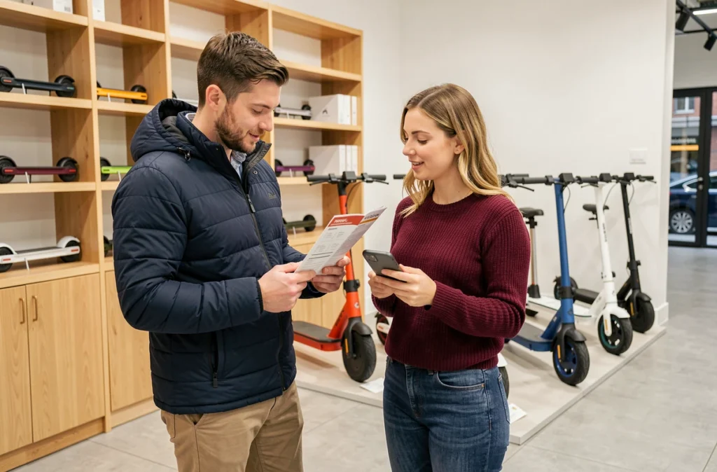 Couple comparant plusieurs modèles de trottinettes électriques dans un magasin spécialisé