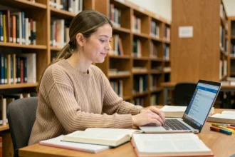 Étudiante universitaire utilisant un compteur de mots sur son ordinateur portable dans une bibliothèque académique