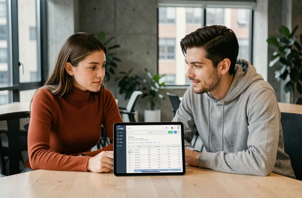 Deux étudiants en master analysant un compteur de mots sur une tablette dans un espace de coworking moderne