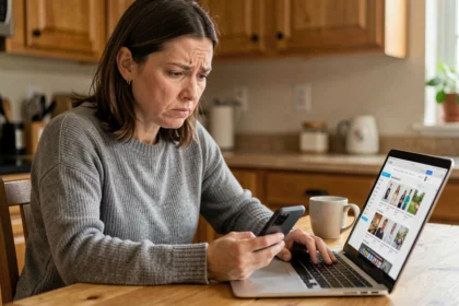 Femme inquiète consultant son smartphone pour annuler un achat sur Le Bon Coin payé par carte bancaire