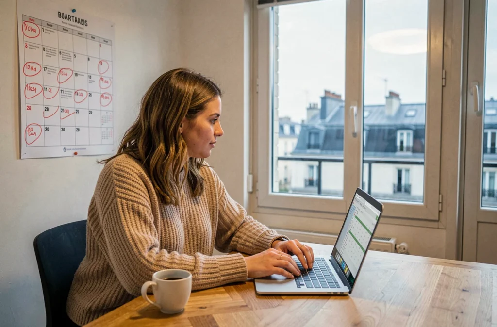 Femme consultant un calendrier des jours fériés 2026 dans un appartement parisien