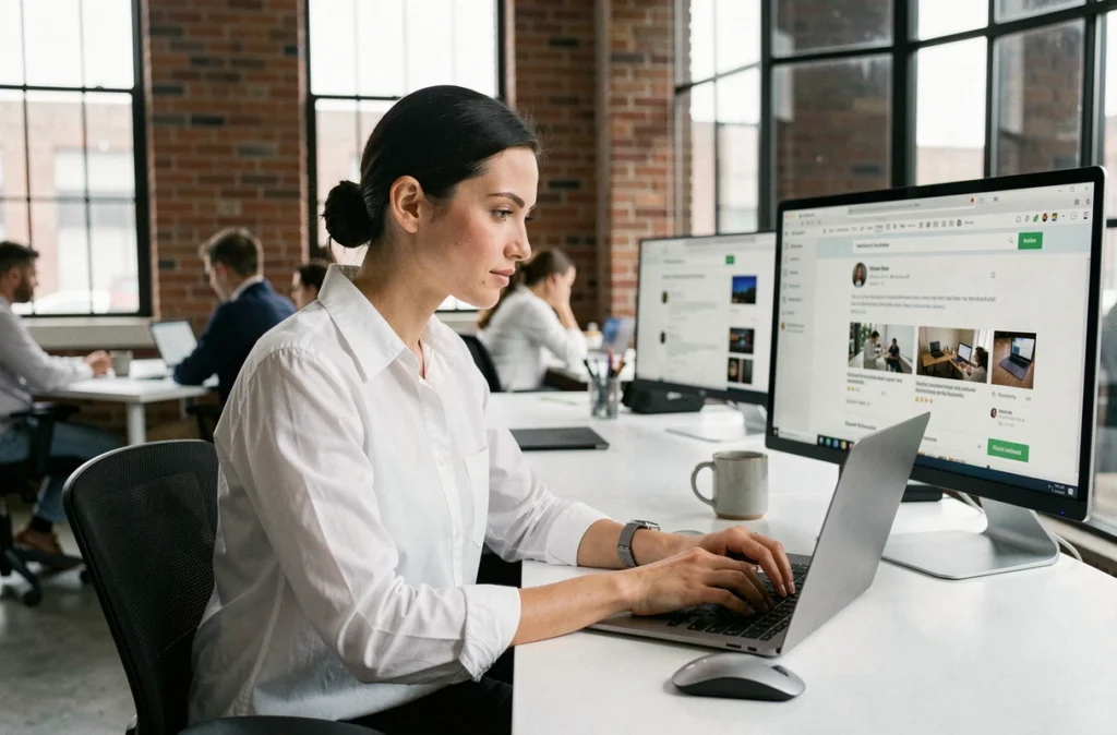 Femme professionnelle utilisant un ordinateur portable dans un espace de coworking pour accéder à un service de scan en ligne de manière sécurisée