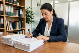 Femme examinant les documents de règlement de copropriété chez un notaire avant l'achat d'un appartement