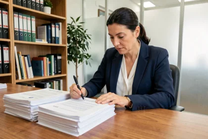 Femme examinant les documents de règlement de copropriété chez un notaire avant l'achat d'un appartement