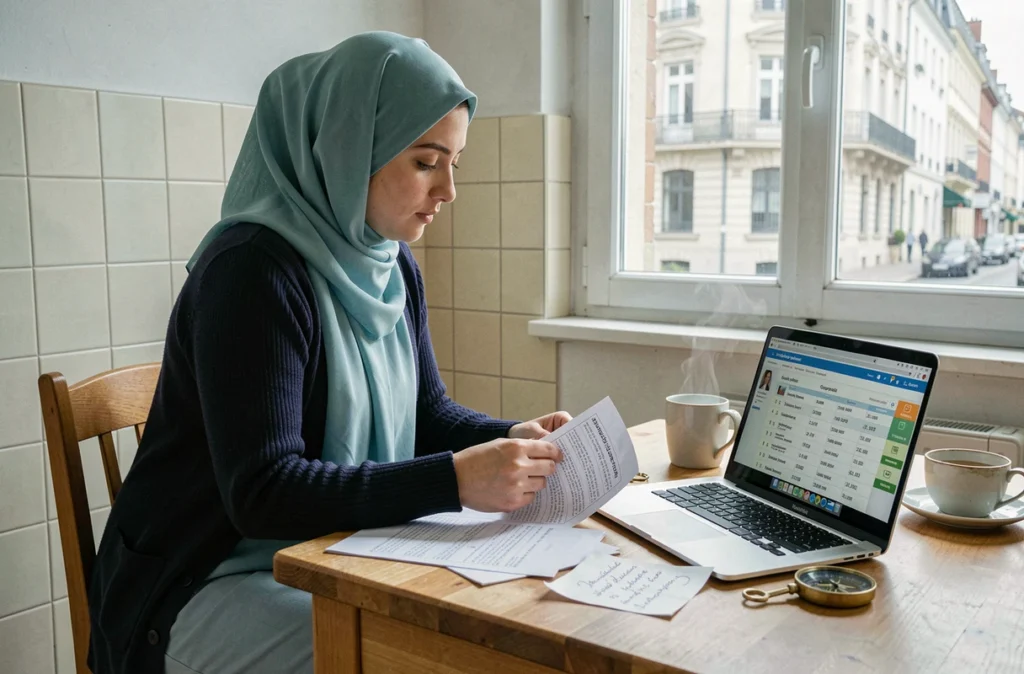 Jeune femme musulmane consultant un horaire de prière imprimé dans un appartement de Grenoble