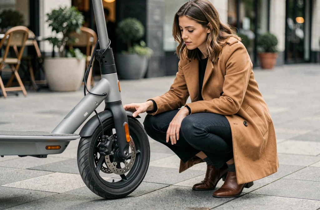 Femme inspectant la roue arrière et le frein d'une trottinette électrique avant achat