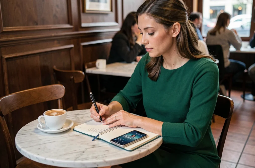 Femme élégante seule dans un café comparant des options de soirée du Nouvel An 2026 sur son smartphone et un carnet de notes