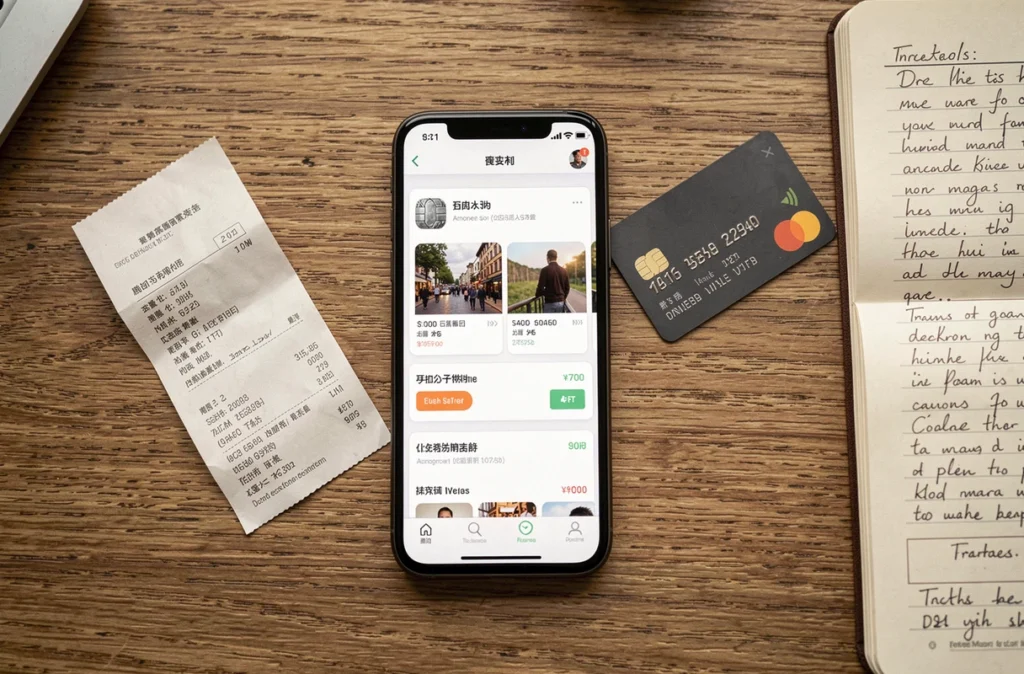 Vue du dessus d'un bureau avec smartphone, carte bancaire et reçu pour illustrer une annulation d'achat sur Le Bon Coin