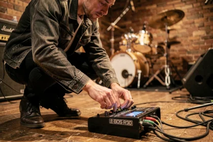 Guitariste réglant une BOSS RC-30 Loop Station sur scène dans une petite salle de concert