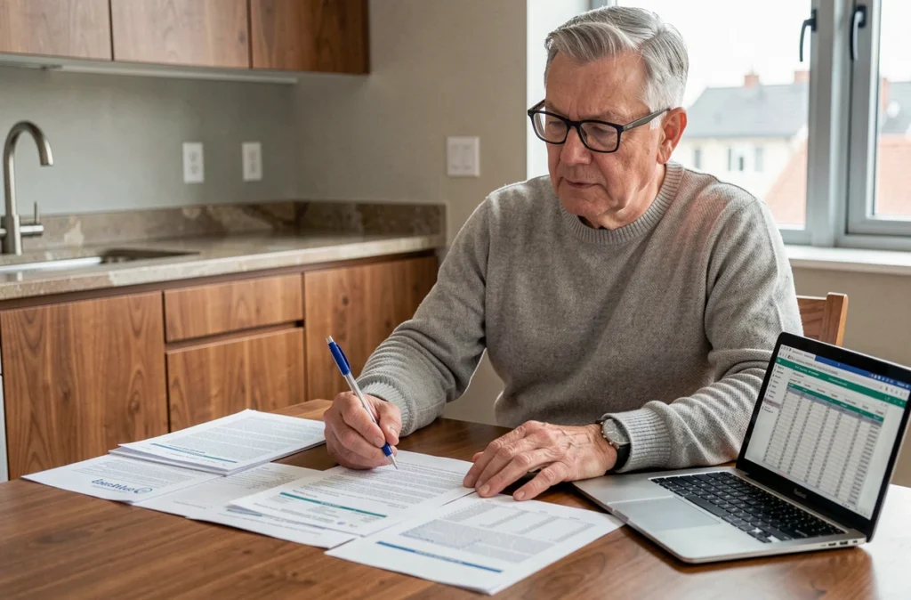 Homme analysant le budget prévisionnel annuel des charges de copropriété sur papier et ordinateur portable dans une cuisine moderne