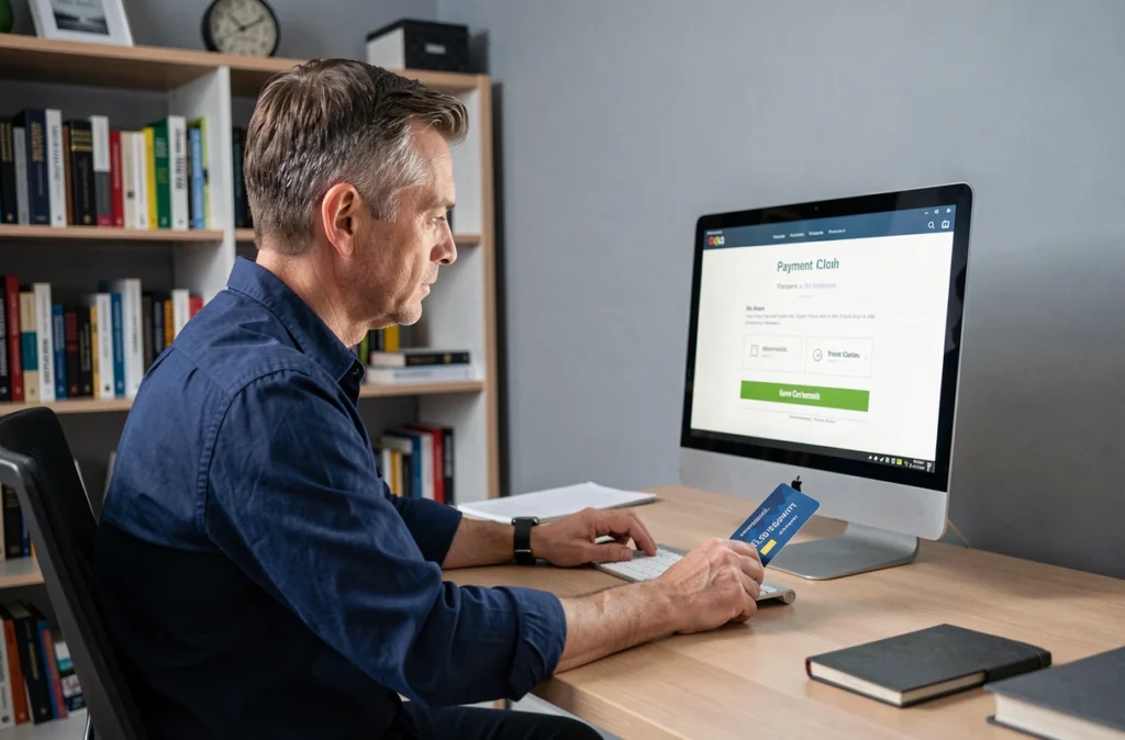 Homme consultant une page de paiement sur ordinateur pour annuler une transaction Le Bon Coin par carte bancaire