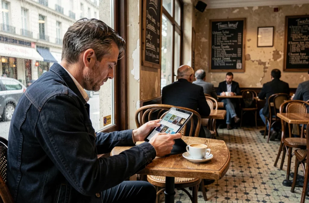 Homme consultant une bibliothèque numérique sur tablette dans un café parisien sous la pluie