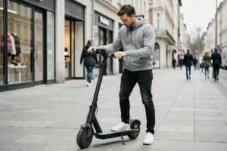 Jeune homme évaluant le mécanisme de pliage d'une trottinette électrique sur un trottoir urbain