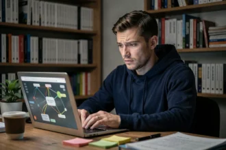Homme concentré devant un écran d'ordinateur analysant des informations sur un site de scan en ligne dans un bureau à domicile