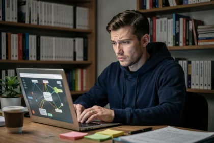 Homme concentré devant un écran d'ordinateur analysant des informations sur un site de scan en ligne dans un bureau à domicile