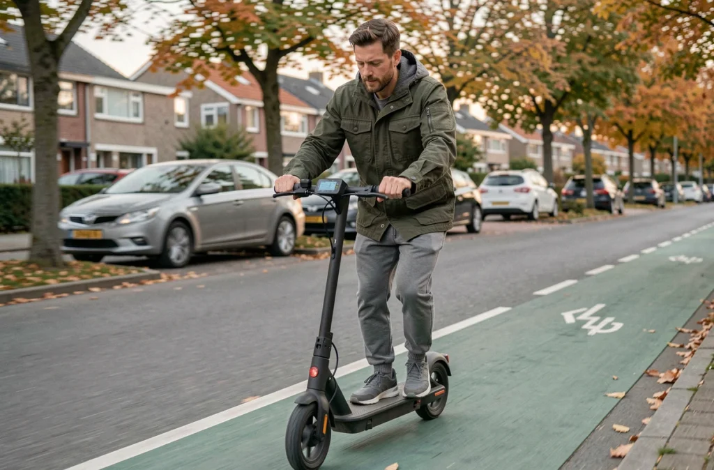 Homme en train de rouler sur une trottinette électrique et consultant l'écran du tableau de bord