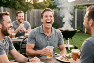 Homme en train de rire avec des amis lors d'un barbecue, illustrant l'humour décalé et les phrases typiques de beaufs