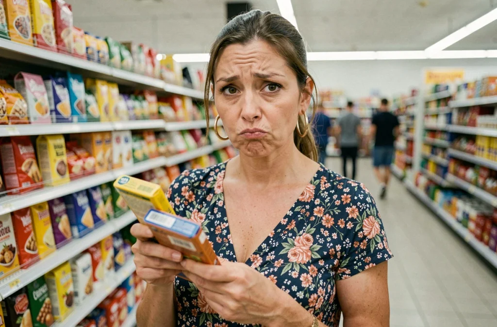 Femme faisant une expression comique dans un supermarché, symbolisant l'humour des phrases clichés du quotidien