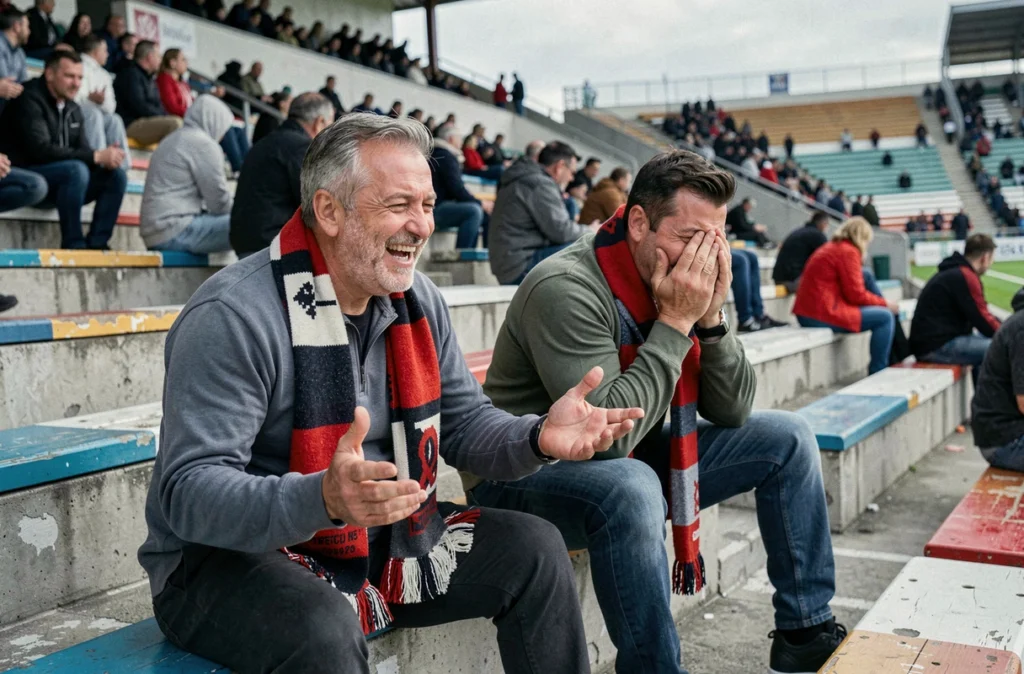 Deux hommes hilares dans un stade se racontant des blagues de supporters, illustrant le registre humoristique des phrases de beaufs