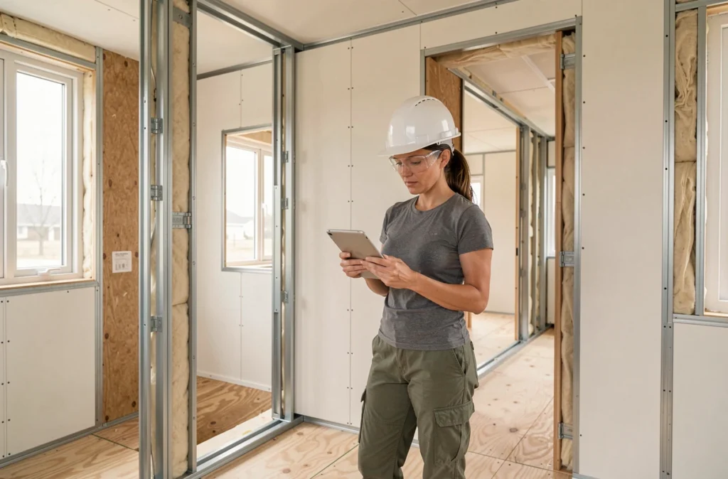Femme ingénieure sur tablette dans l'intérieur en cours d'assemblage d'une maison modulaire avec structure apparente