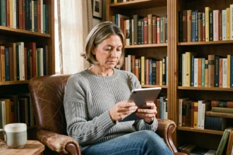 Femme lisant sur une liseuse électronique entourée d'étagères de livres dans une bibliothèque personnelle chaleureuse