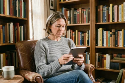 Femme lisant sur une liseuse électronique entourée d'étagères de livres dans une bibliothèque personnelle chaleureuse