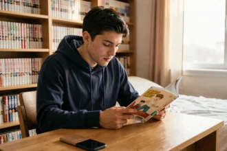 Jeune homme lisant un manga One Piece assis à son bureau dans une chambre remplie de volumes de mangas