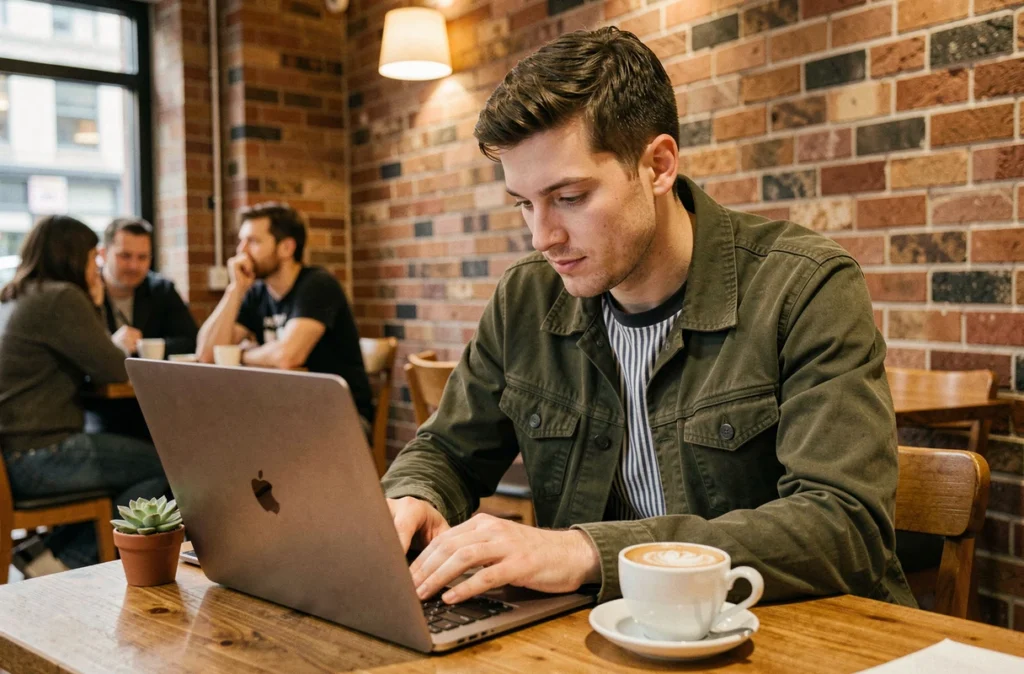 Homme consultant un scan de manga One Piece sur ordinateur portable dans un café urbain indépendant