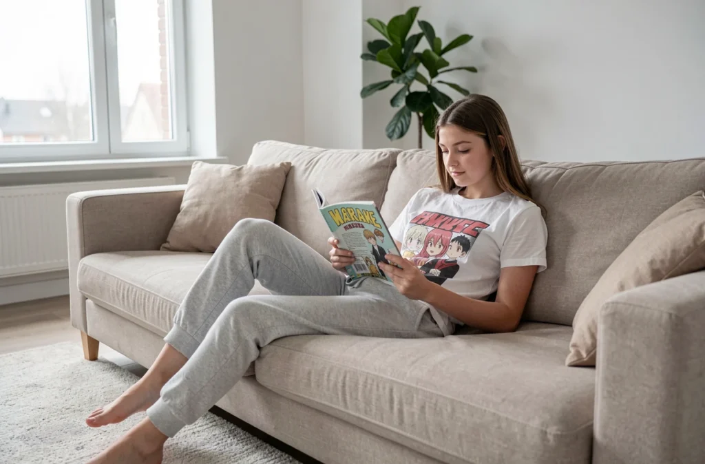 Adolescente lisant le scan One Piece sur tablette confortablement installée dans un salon moderne