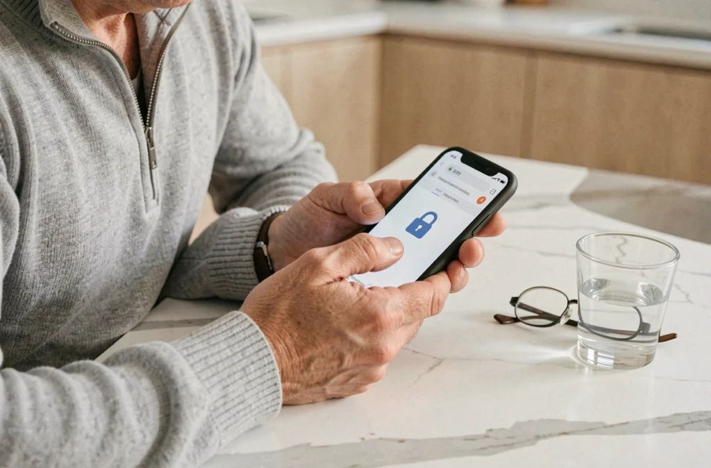 Mains tenant un smartphone affichant un navigateur sécurisé pour consulter Sishi Scan depuis un environnement domestique