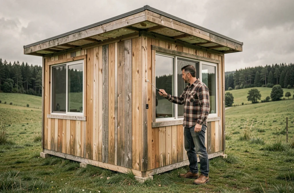Homme inspectant les panneaux d'une maison modulaire à ossature bois en zone rurale avec collines verdoyantes