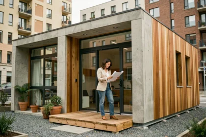 Femme architecte devant une maison modulaire moderne en milieu urbain avec bardage bois et béton