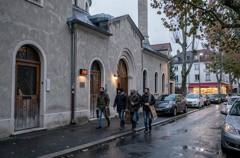 Groupe de fidèles se dirigeant vers une mosquée de Grenoble à l'heure de la prière du soir