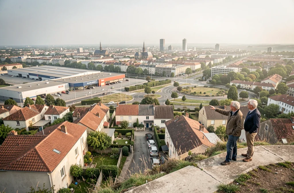 Panorama depuis une colline montrant la transition entre commune périurbaine et centre urbain d'une grande ville française