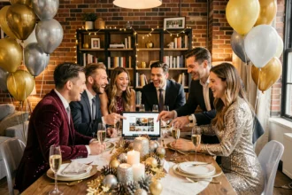 Groupe d'amis élégants en train de planifier leur soirée du Nouvel An 2026 autour d'une table décorée avec des ballons et des coupes de champagne