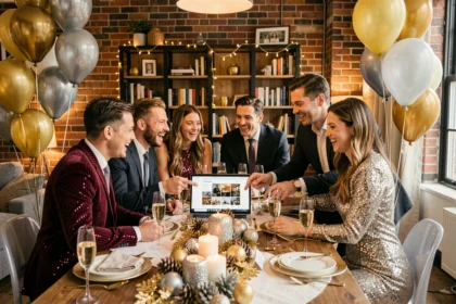 Groupe d'amis élégants en train de planifier leur soirée du Nouvel An 2026 autour d'une table décorée avec des ballons et des coupes de champagne