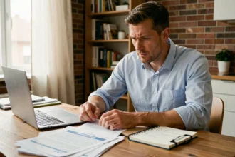 Jeune homme consultant des documents immobiliers sur une table en bois avec un ordinateur portable et des annonces de biens