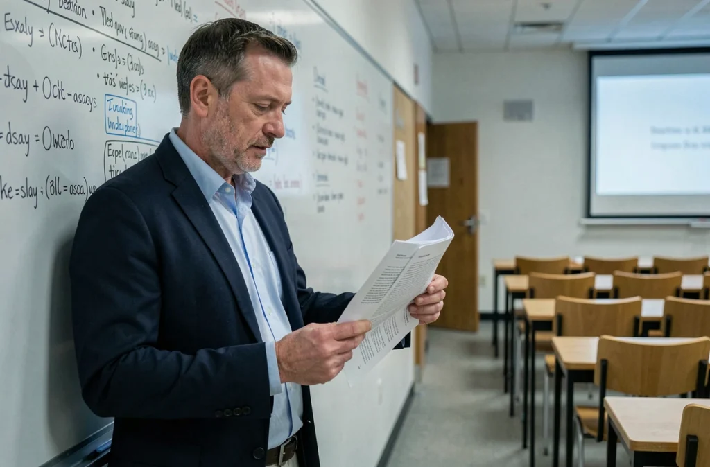 Professeur universitaire corrigeant des copies étudiantes devant un tableau blanc dans une salle de classe