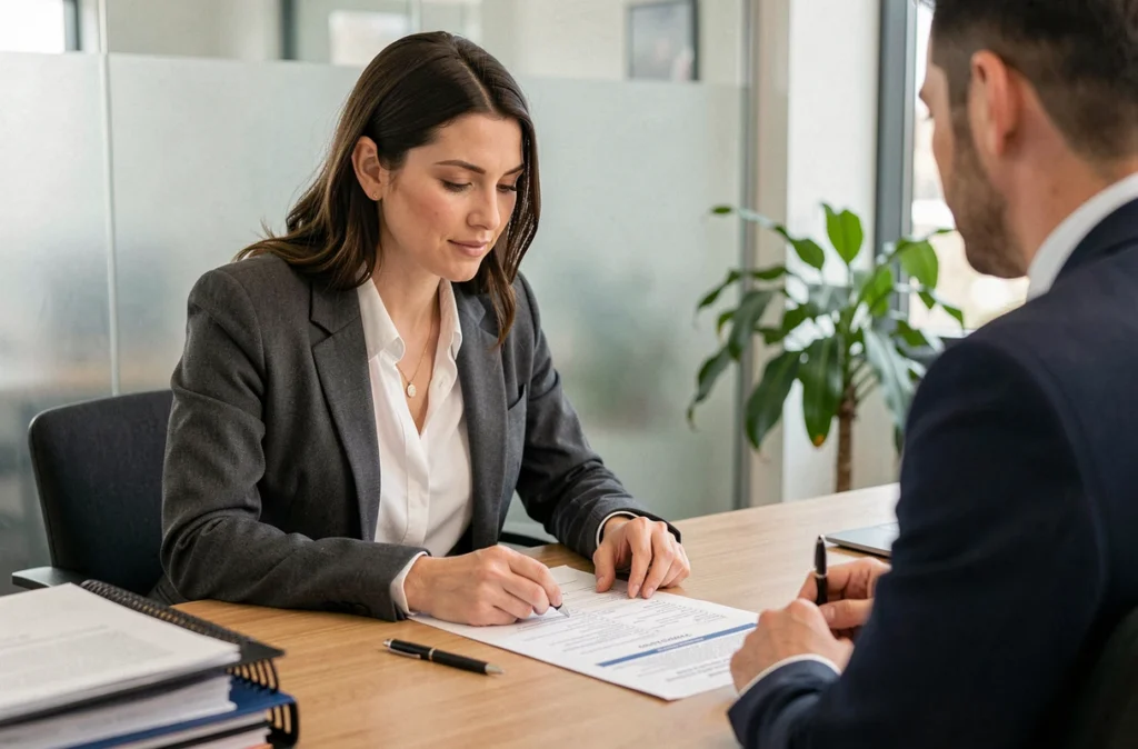 Femme en réunion avec un conseiller bancaire pour obtenir un prêt immobilier lors de son premier achat