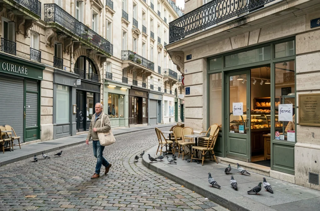Rue commerçante française déserte avec commerces fermés un jour férié