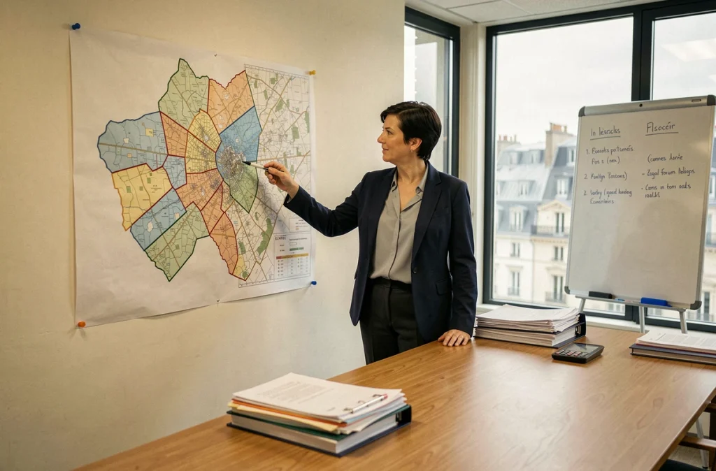 Urbaniste française étudiant une carte des aires urbaines et des limites communales dans une salle de réunion municipale