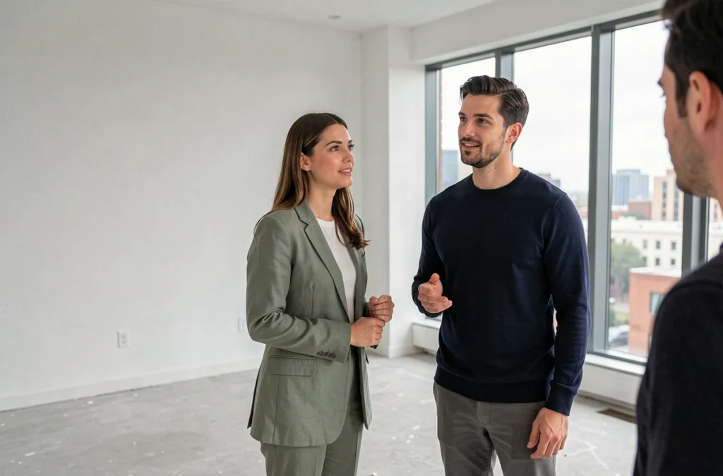 Couple visitant un appartement vide avec un agent immobilier lors d'une visite avant achat