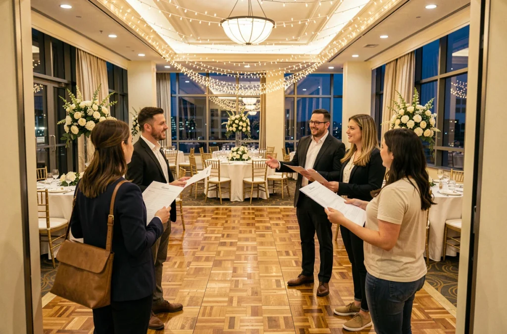 Groupe de personnes visitant une salle de réception décorée pour choisir le lieu idéal pour leur soirée du Nouvel An 2026