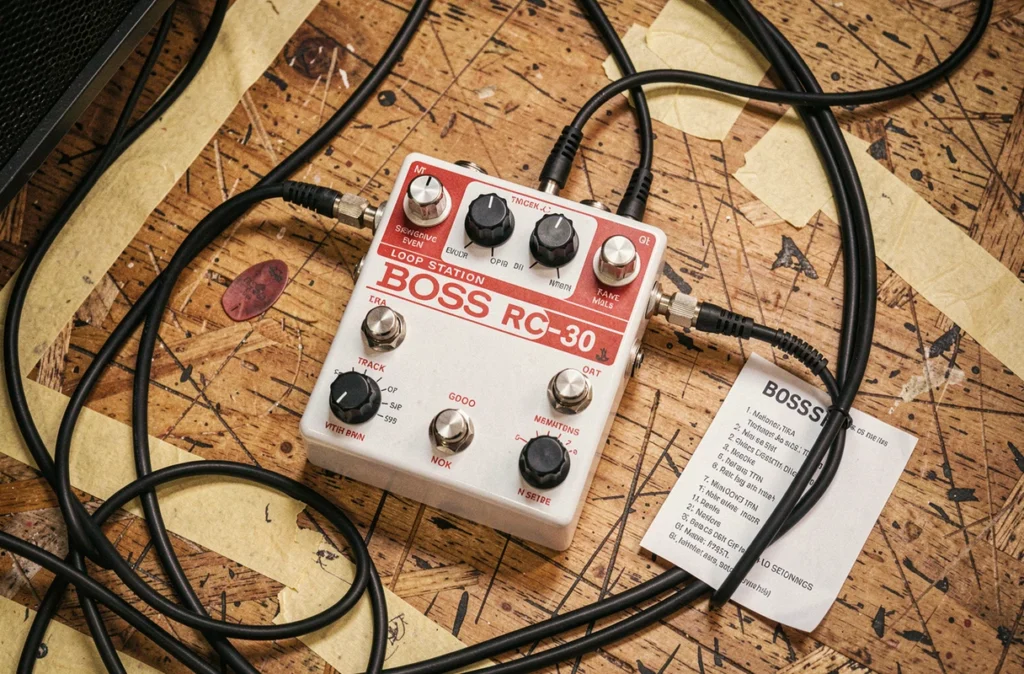 Vue aérienne détaillée de la BOSS RC-30 Loop Station posée sur un plateau de scène avec câbles et setlist